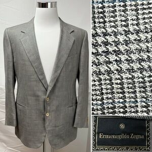 Ermenegildo Zegna Men’s EU 54 / US 44R Silk Linen Blend Glen Plaid Blazer Jacket